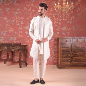 House Of Pataudi Embroidered Nehru Jacket With Kurta & Pyjama Set